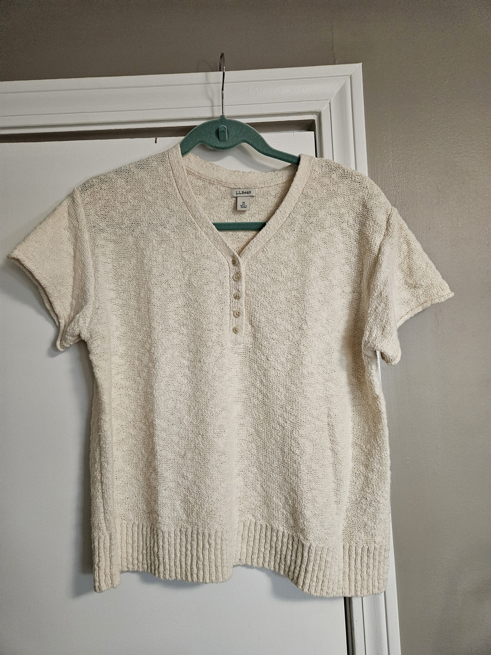 L.L. Bean Cream V-Neck Short-Sleeve Henley Knit Top